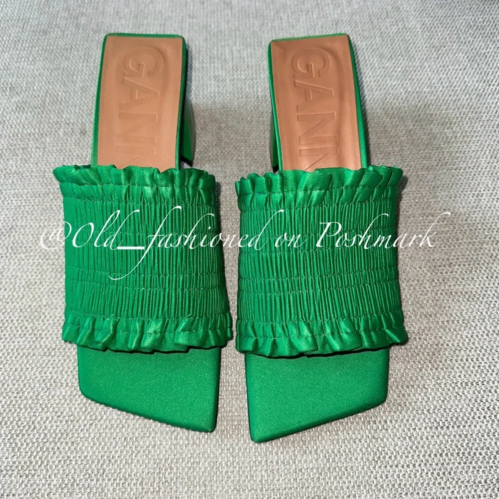 GANNI Smocked Kitten-Heel Mules